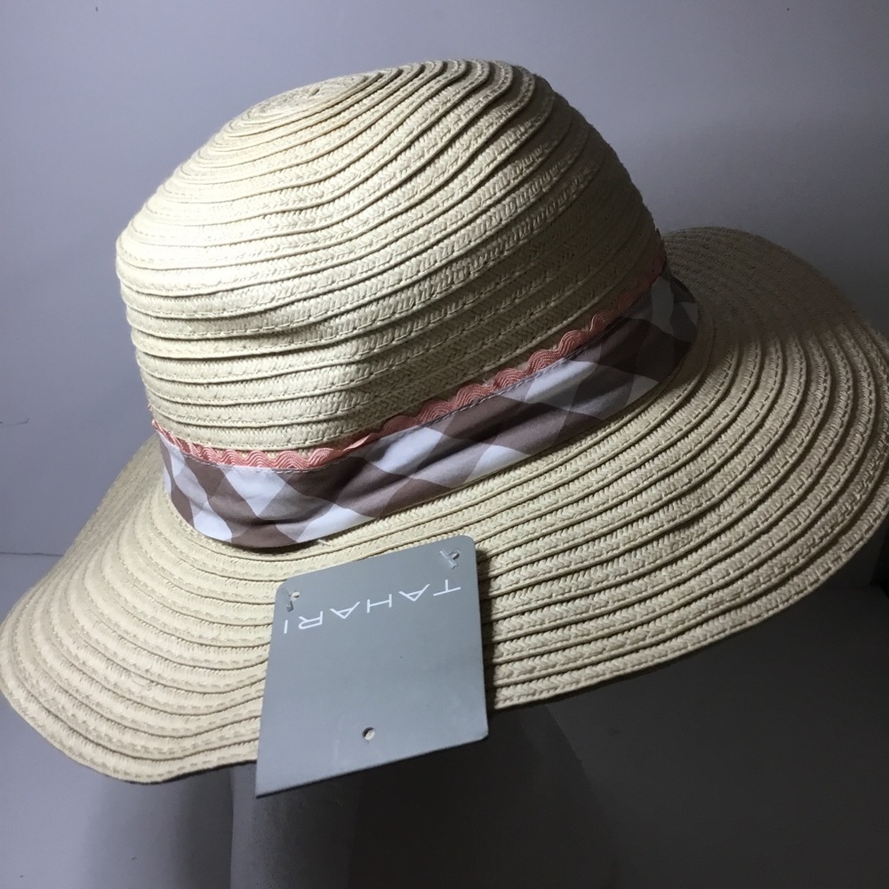 Tahari Women’s Beach Sun Gardening Gingham Trimmed Hat NWT - Picture 2 of 6